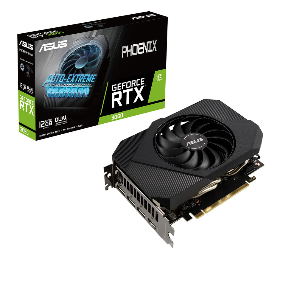 ASUS Phoenix RTX 3060 V2 front view highlights compact, efficient cooling.