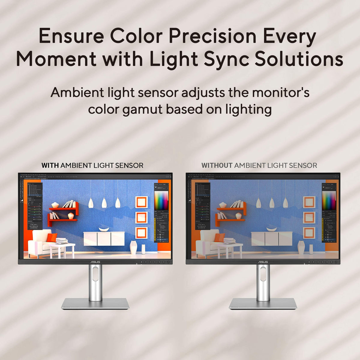 ASUS ProArt PA278QGV ergonomic stand provides tilt, swivel, pivot, and height adjustments.