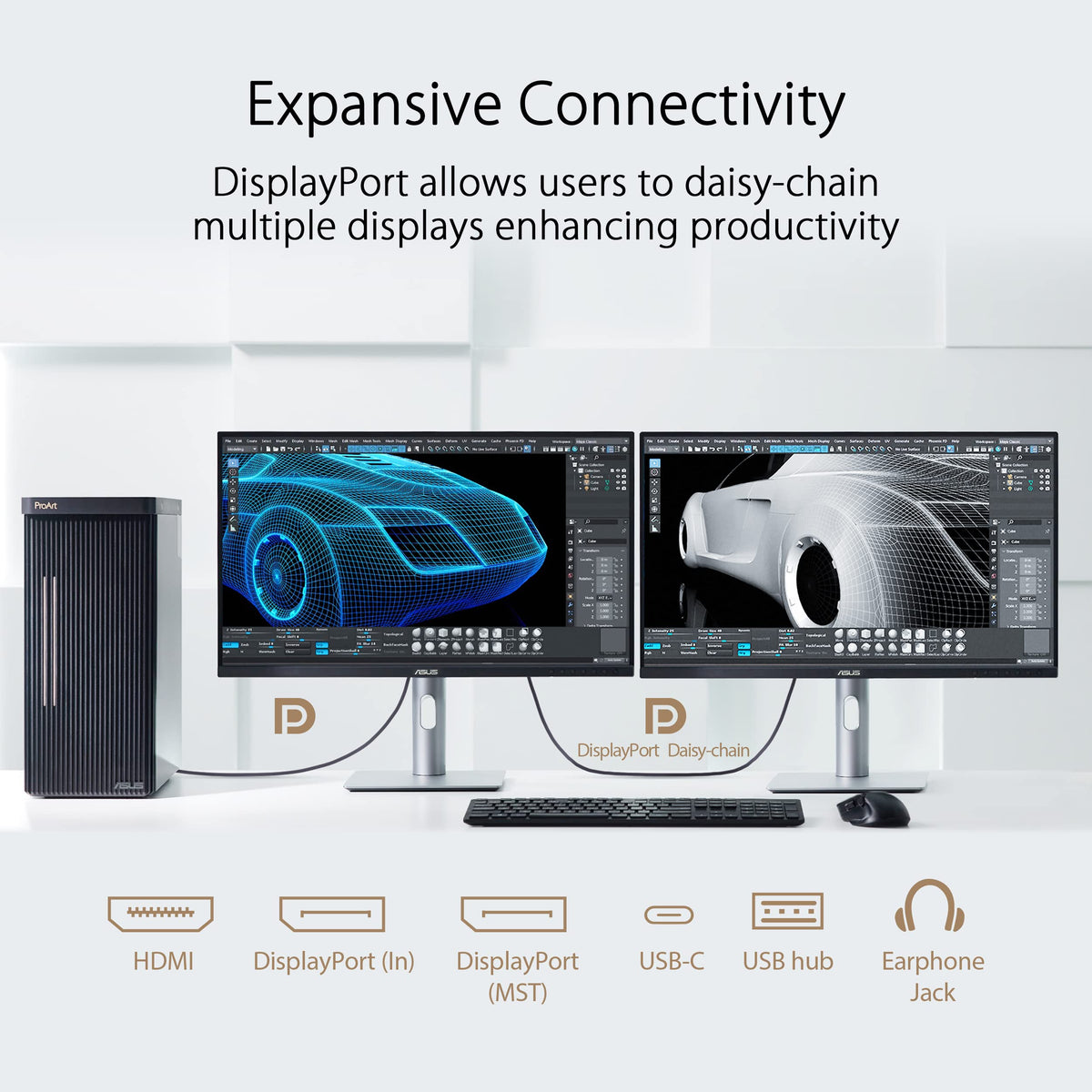 DisplayPort, HDMI, and USB hub enable flexible connectivity.