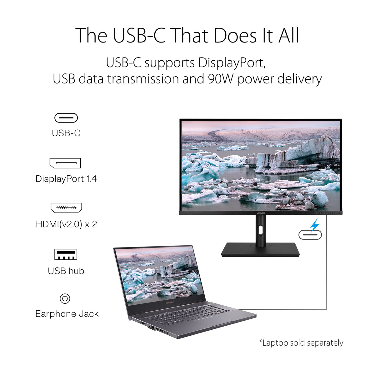 Asus ProArt PA329CV USB-C PD support enables flexible, single-cable power delivery.