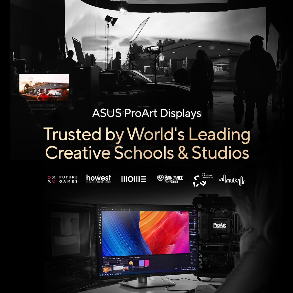 ASUS ProArt PA32UCDM ultra-slim bezel for seamless multi-monitor setups.
