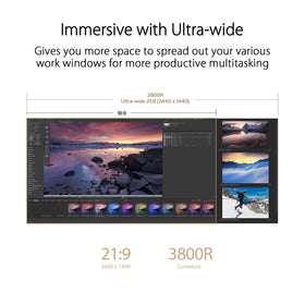 ASUS ProArt PA34VCNV color coverage shows 100% sRGB and Rec709 for accurate previews.