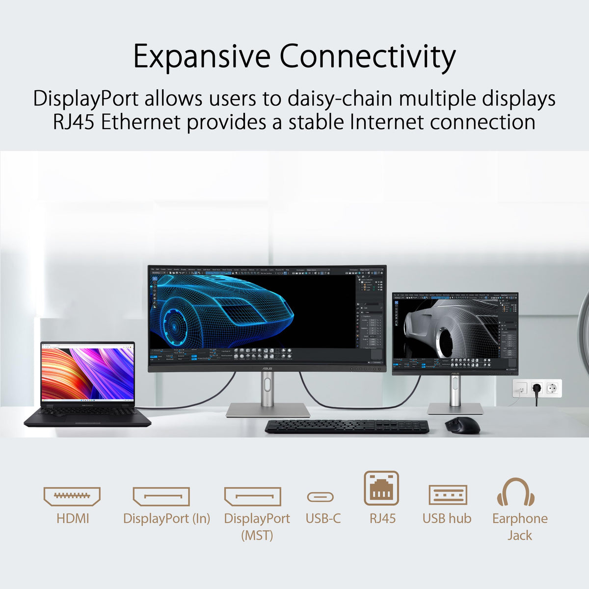 ASUS ProArt PA34VCNV daisy-chain connectivity for expanded multi-monitor setups.