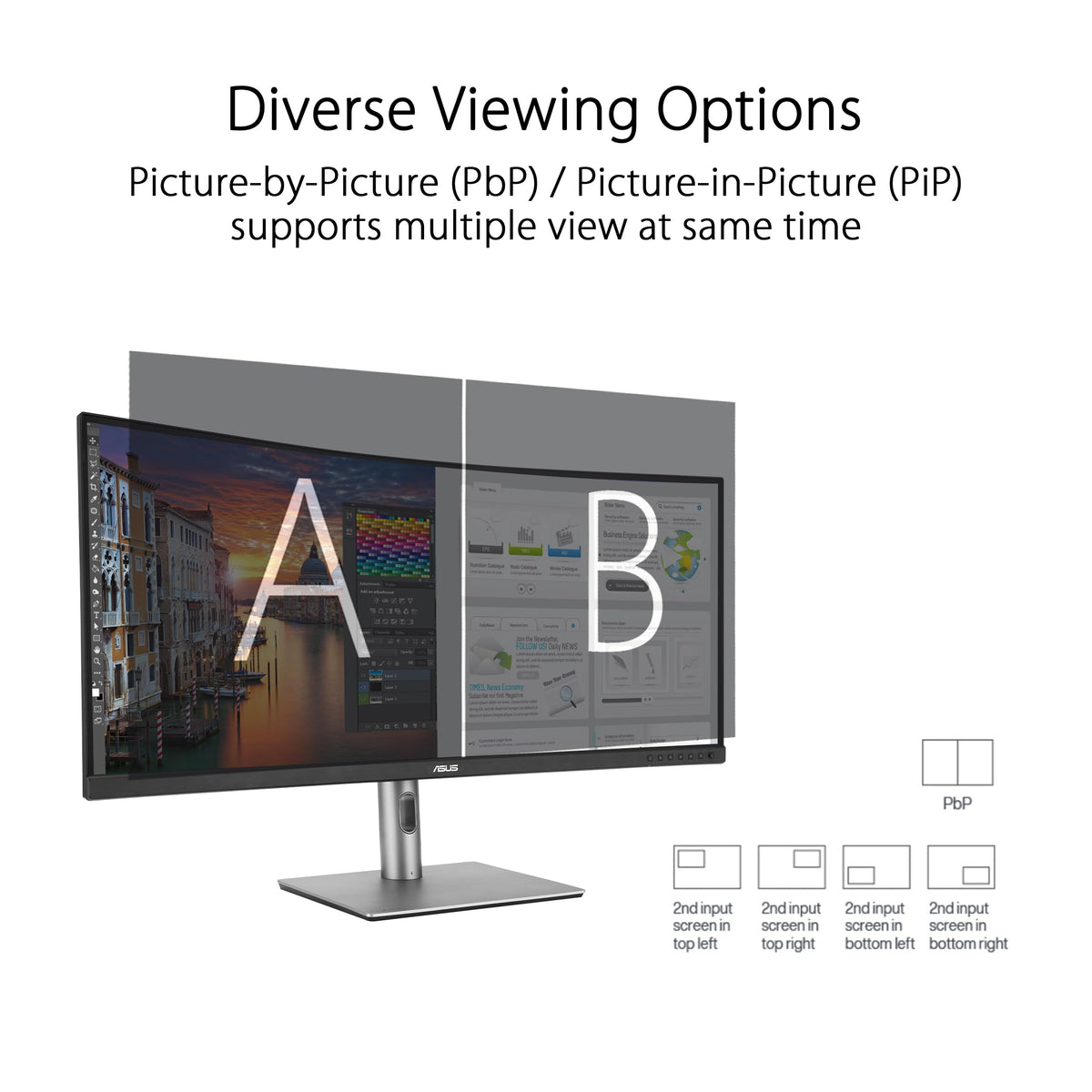 ASUS ProArt PA34VCNV ergonomic stand with tilt, swivel, and height adjustments.