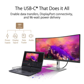 ASUS ProArt PA34VCNV USB-C docking supports video, data, and up to 96W power.
