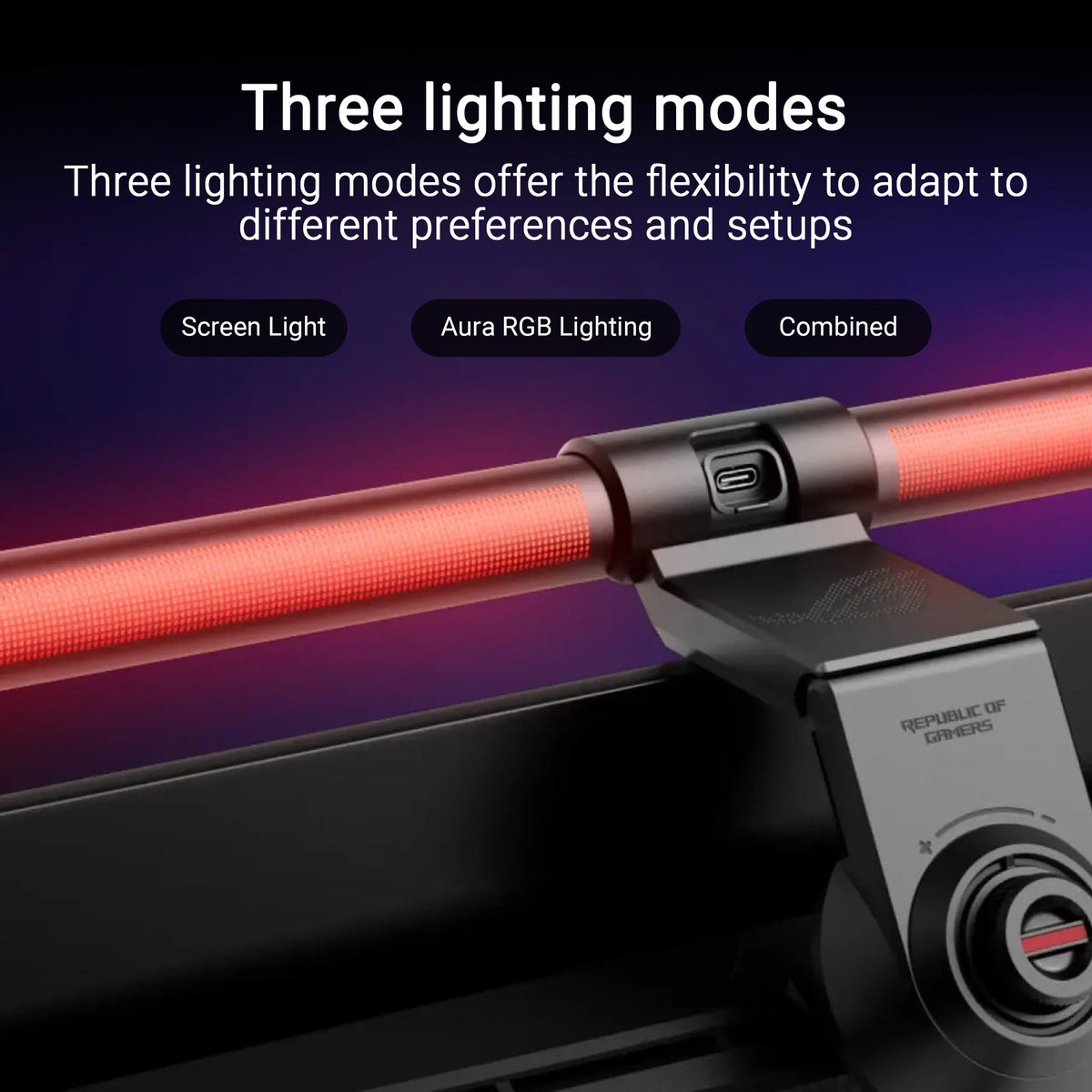 ASUS ROG Aura Monitor Light Bar on desk glows softly for enhanced gaming atmosphere.