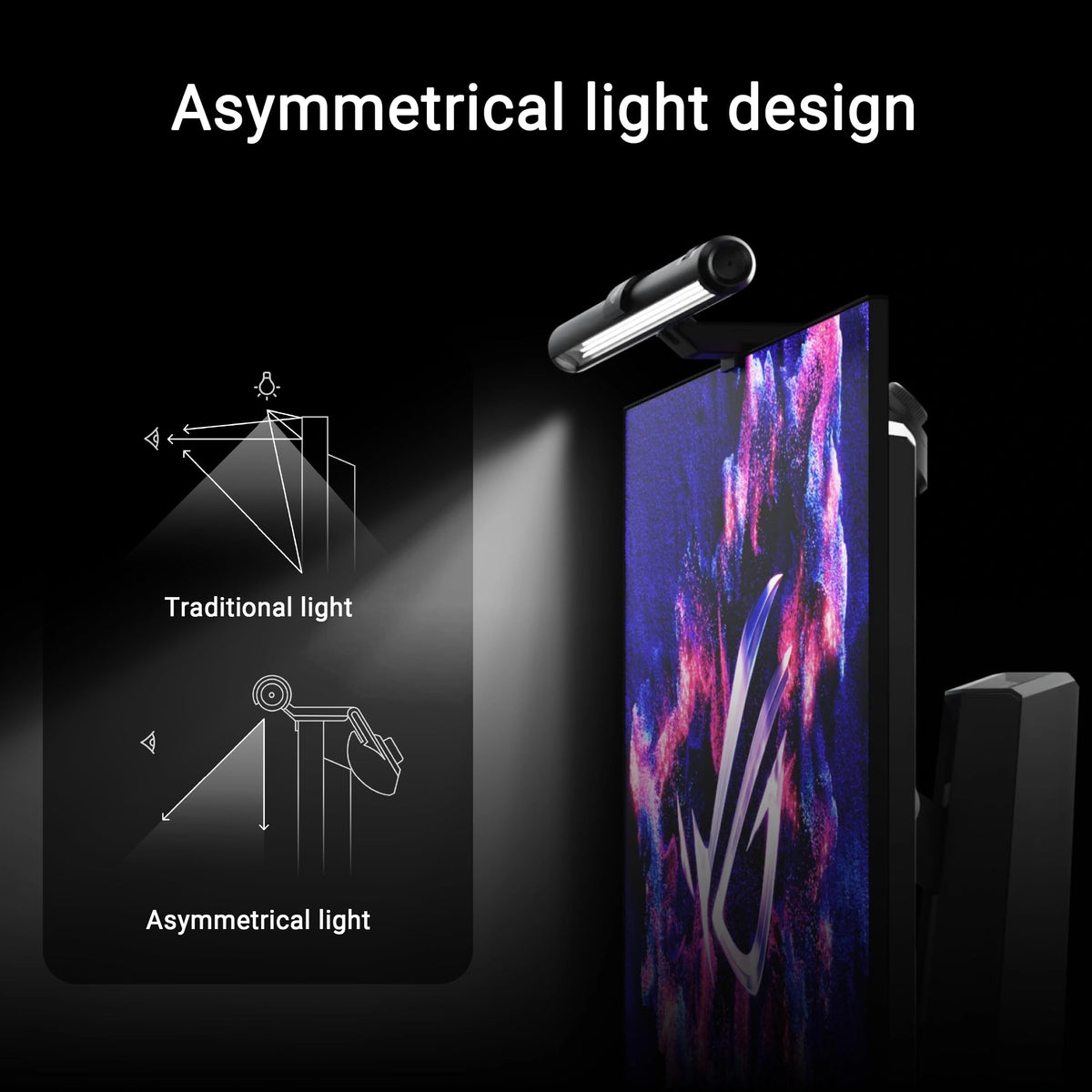 ASUS ROG Aura Monitor Light Bar lit with RGB aura for synchronized ambient lighting.