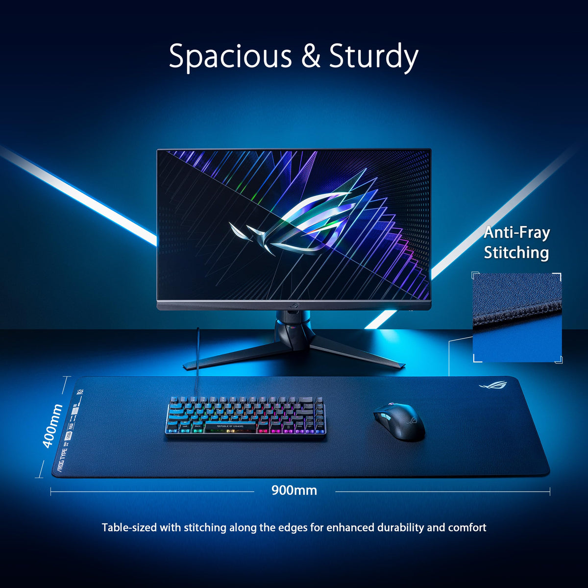 ASUS ROG pad scaled on desk demonstrating 900x400 mm space