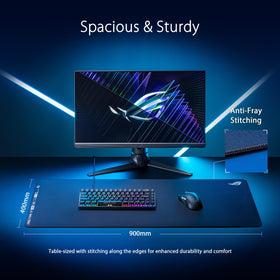 ASUS ROG pad scaled on desk demonstrating 900x400 mm space