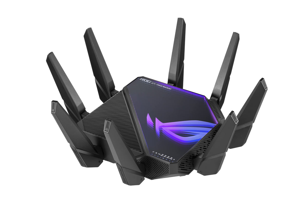 ASUS ROG Rapture GT-AXE16000 front panel highlights quad-band WiFi hub for gaming-speed connectivity