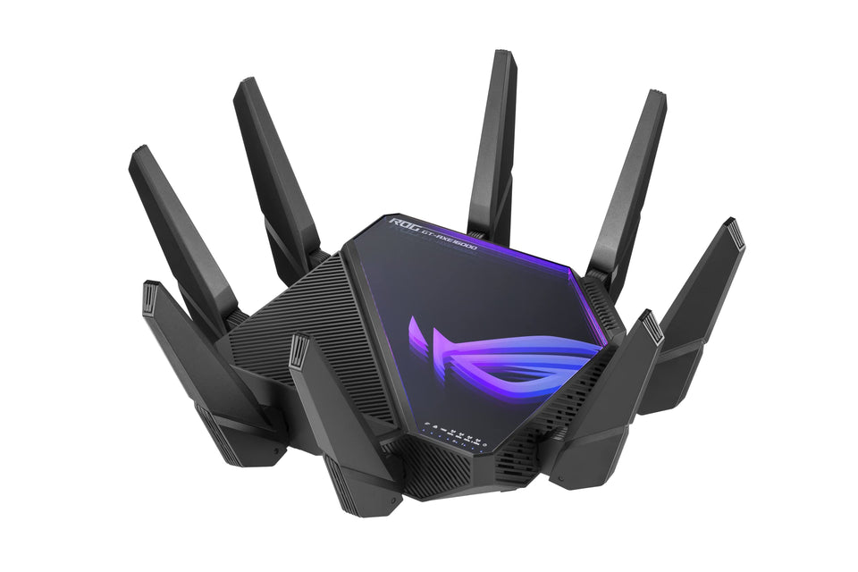 ASUS ROG Rapture GT-AXE16000 front panel highlights quad-band WiFi hub for gaming-speed connectivity