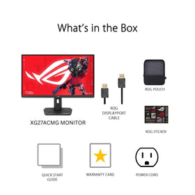 ASUS ROG Strix XG27ACMG packaging includes items and a 3-year warranty.