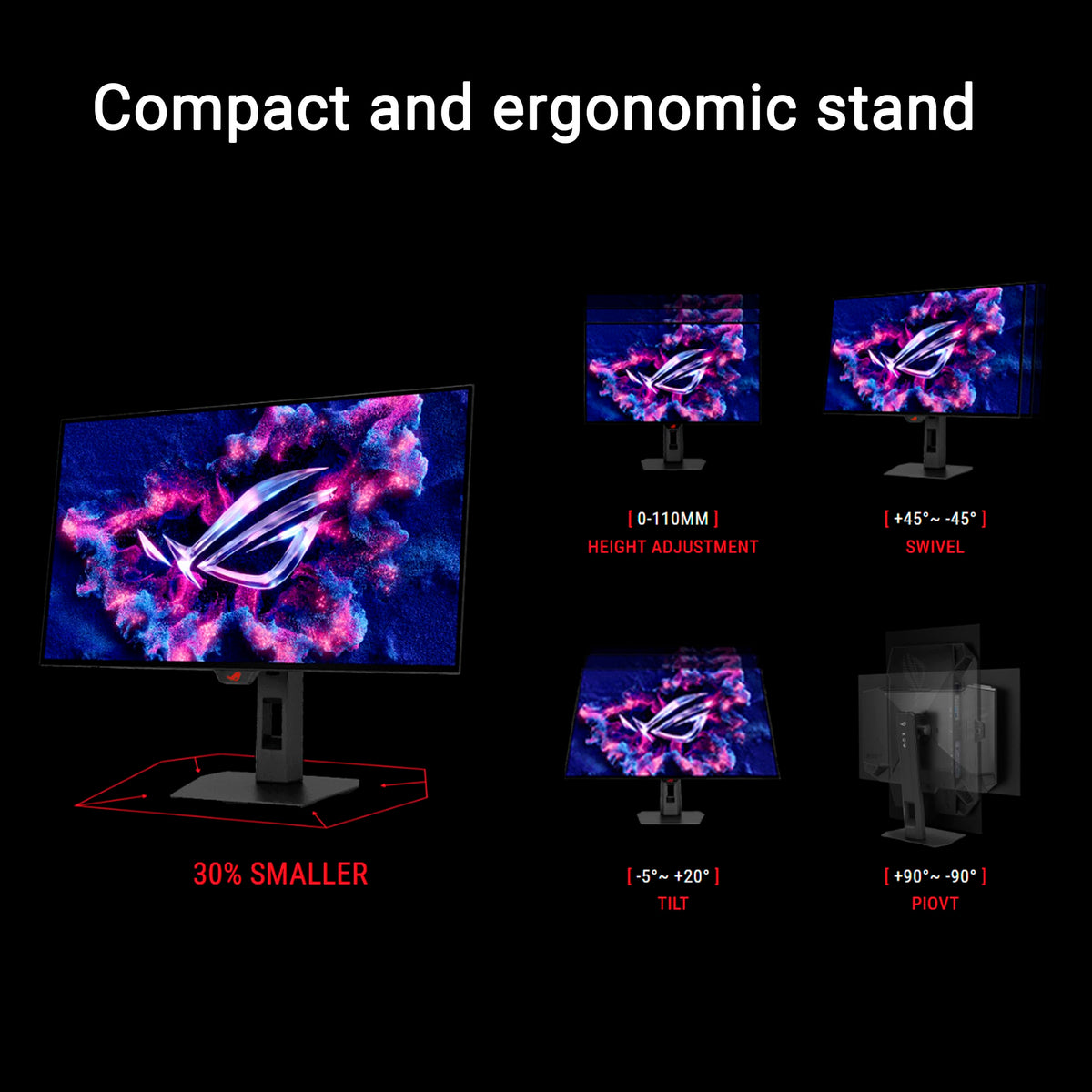 ASUS ROG Strix XG27AQWMG compact stand saves desk space.