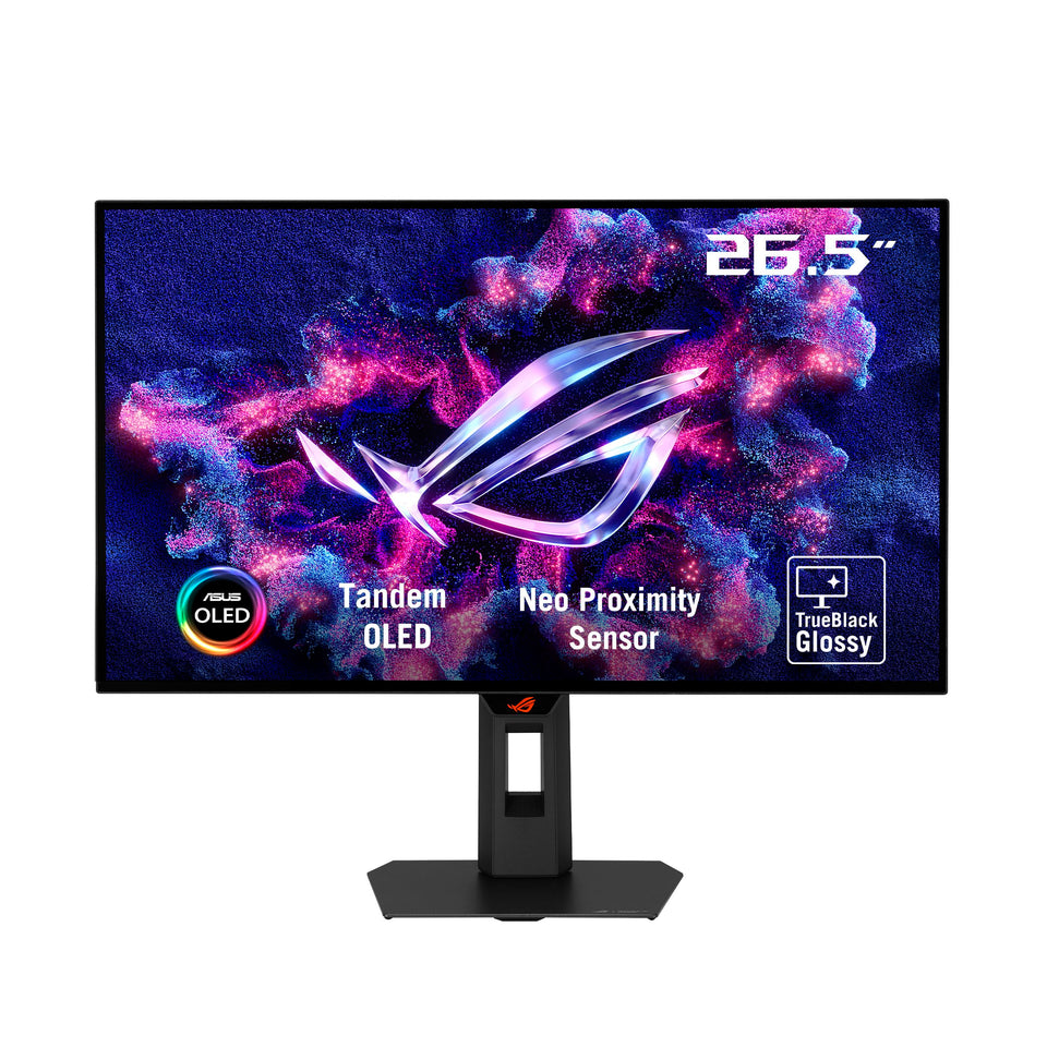 ASUS ROG Strix XG27AQWMG panel close-up highlights TrueBlack glossy surface for sharp images.