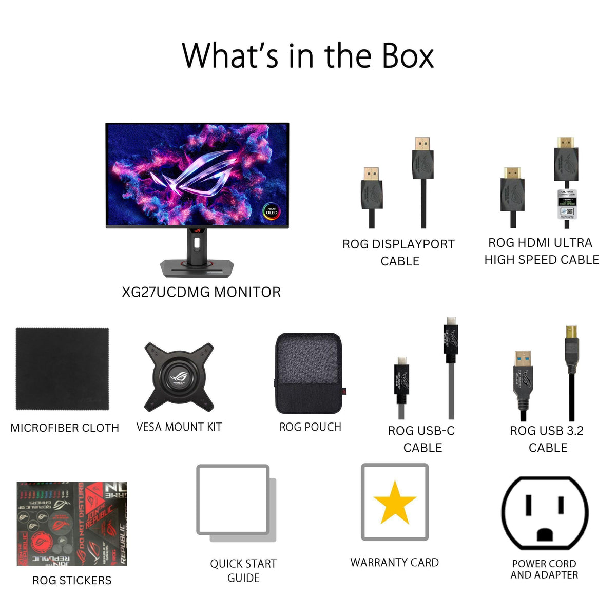 ASUS ROG Strix XG27UCDMG bundle includes accessories and Creative Cloud