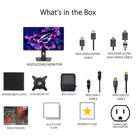 ASUS ROG Strix XG27UCDMG bundle includes accessories and Creative Cloud
