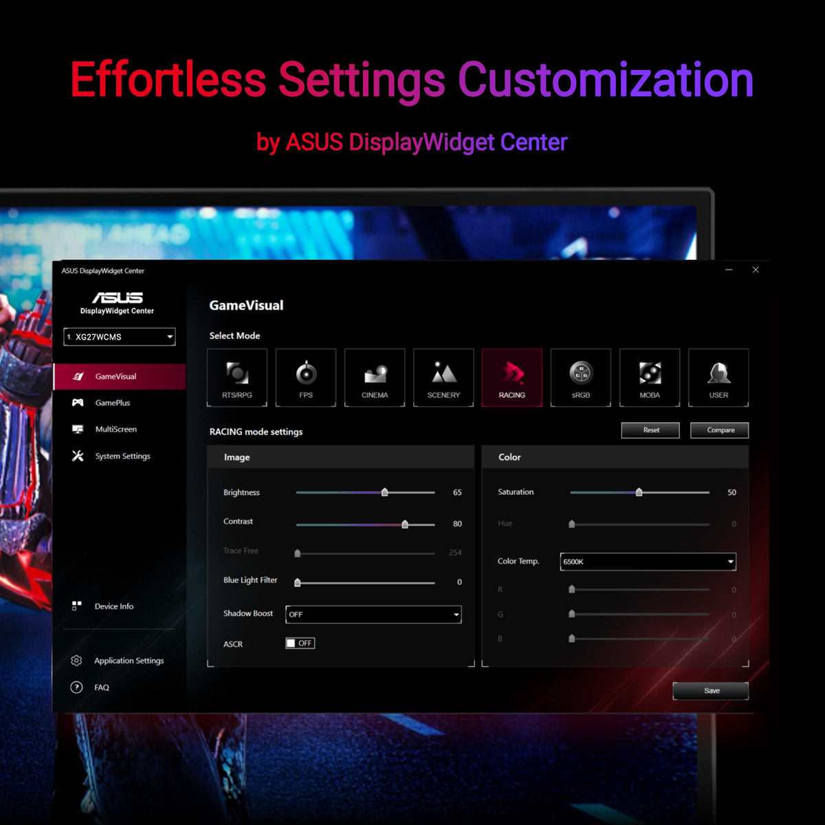 ASUS ROG Strix XG27WCMS DisplayWidget Center for easy mouse-driven adjustments