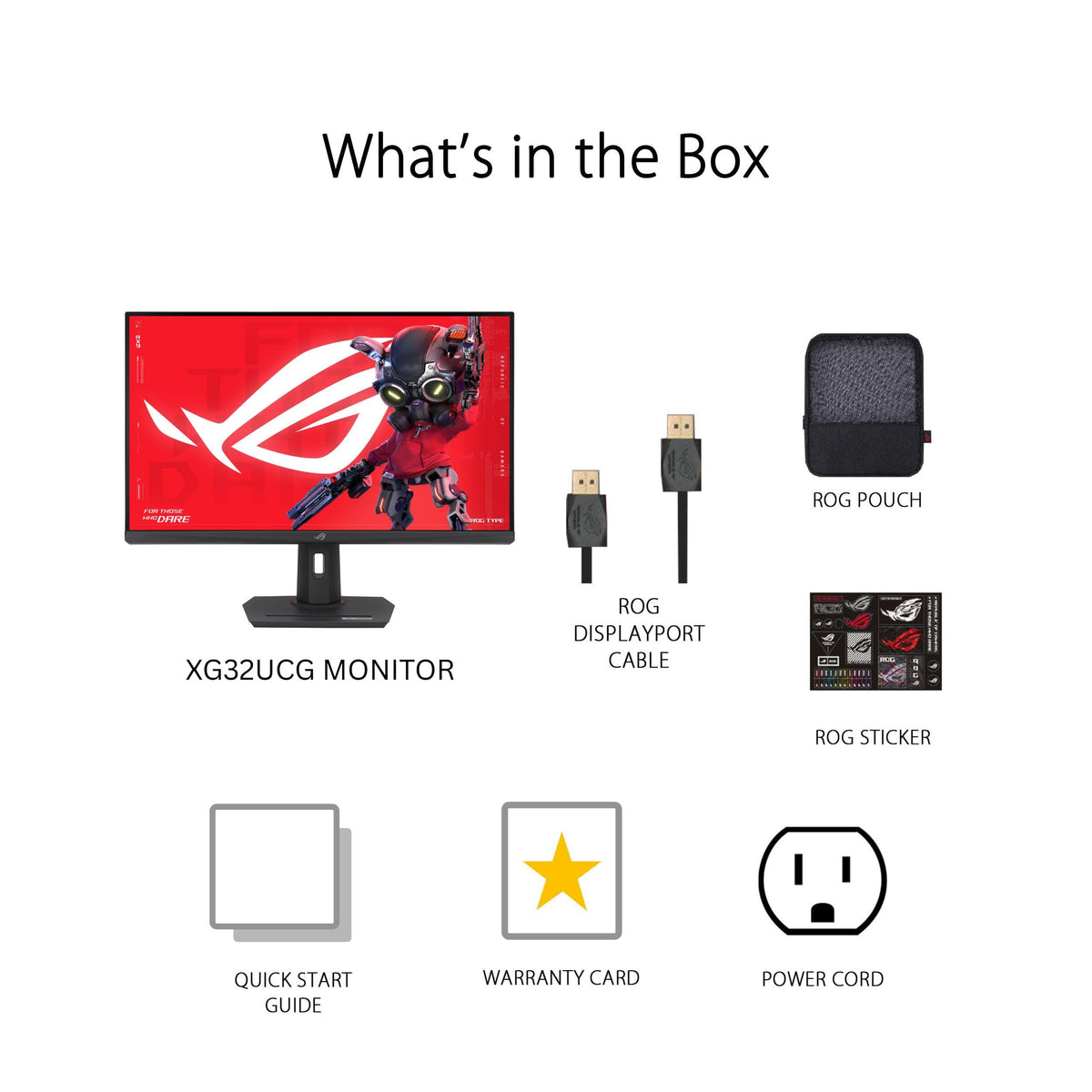 ASUS ROG Strix XG32UCG included accessories and warranty card