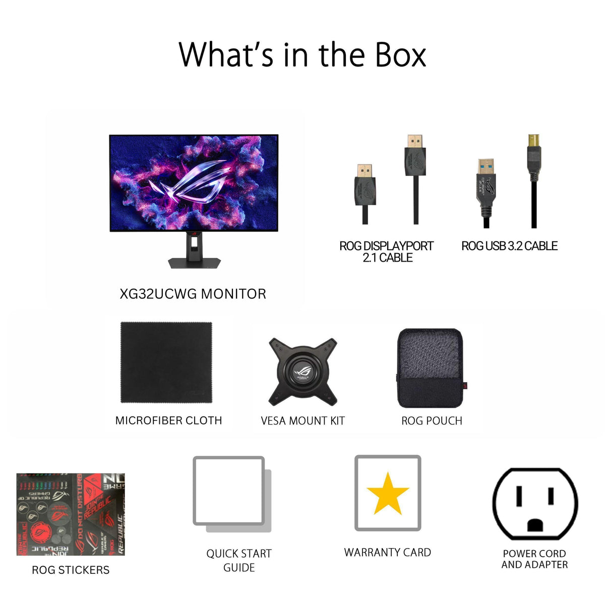 Box contents and warranty details for ASUS ROG Strix XG32UCWG