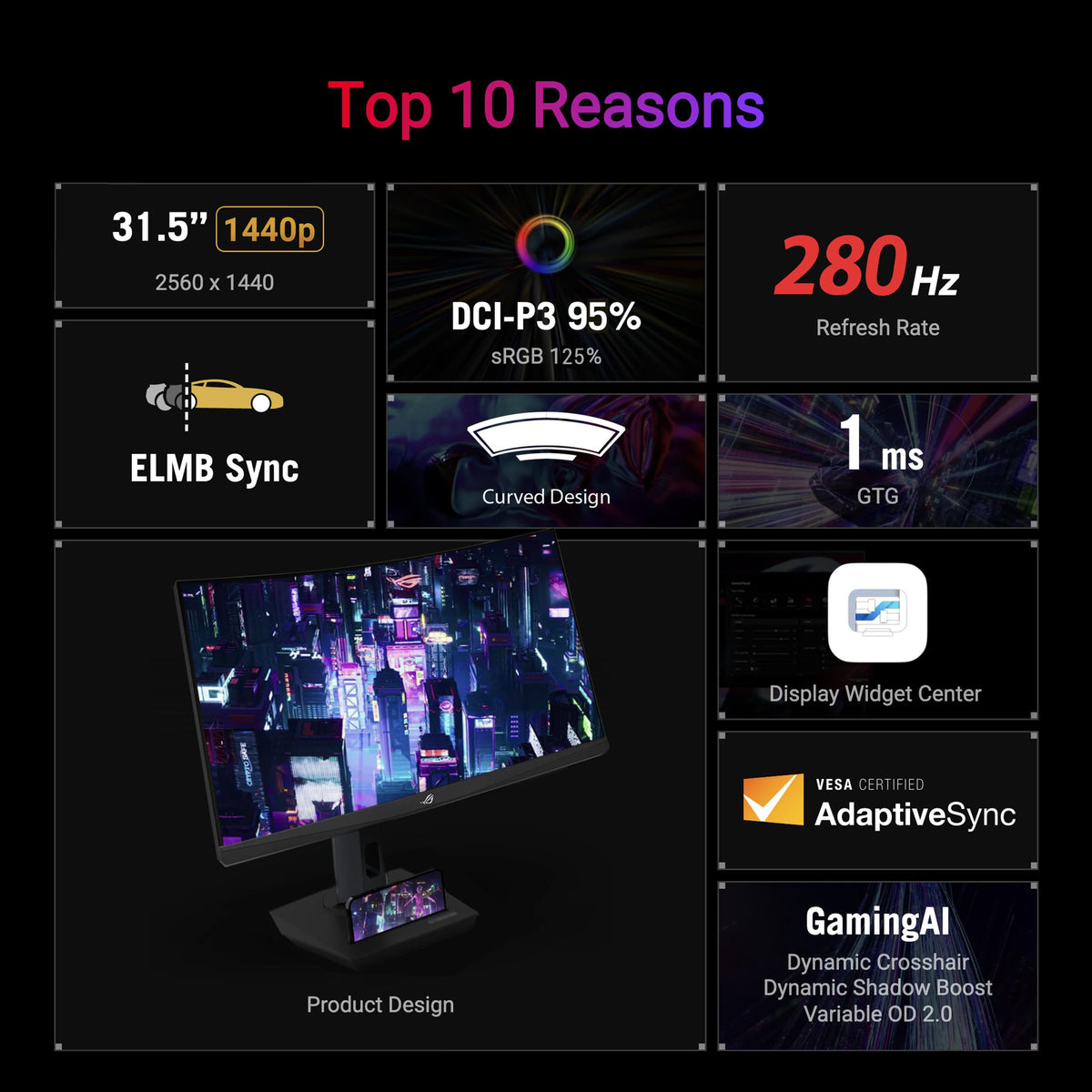 ASUS ROG Strix XG32WCMS curved screen enhances immersive play and wide viewing.