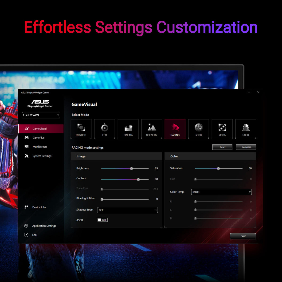 ASUS ROG Strix XG32WCS DisplayWidget Center for quick tweaks.