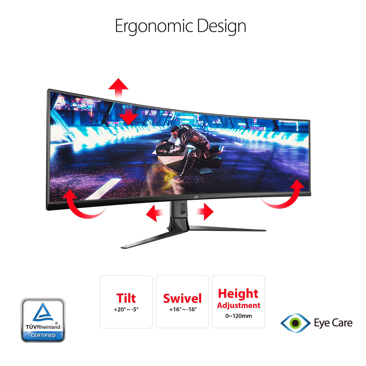 ASUS ROG Strix XG49VQ ergonomic stand supports comfortable viewing.