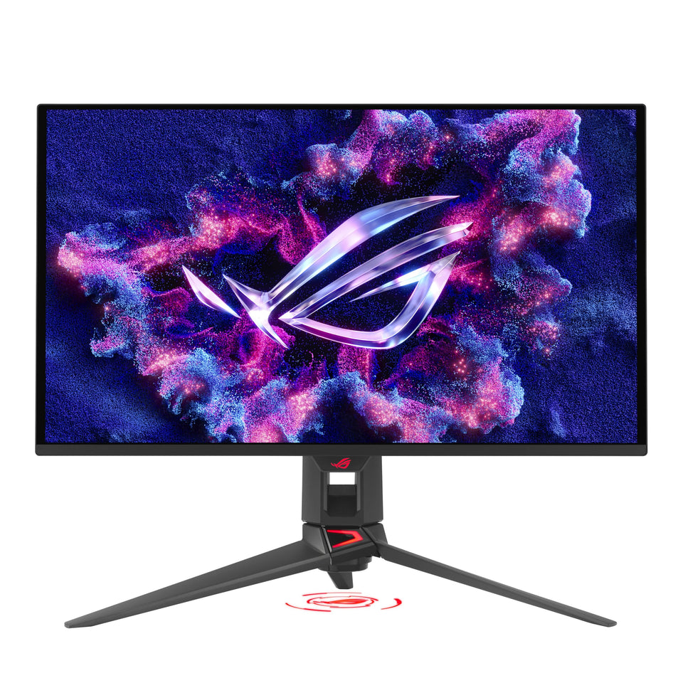 ASUS ROG Swift 27-inch QD-OLED front view for immersive gaming setup.
