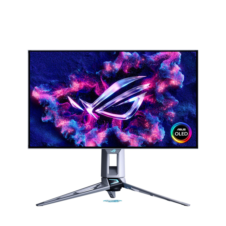 ASUS ROG Swift OLED 27 front view with TrueBlack Glossy panel.