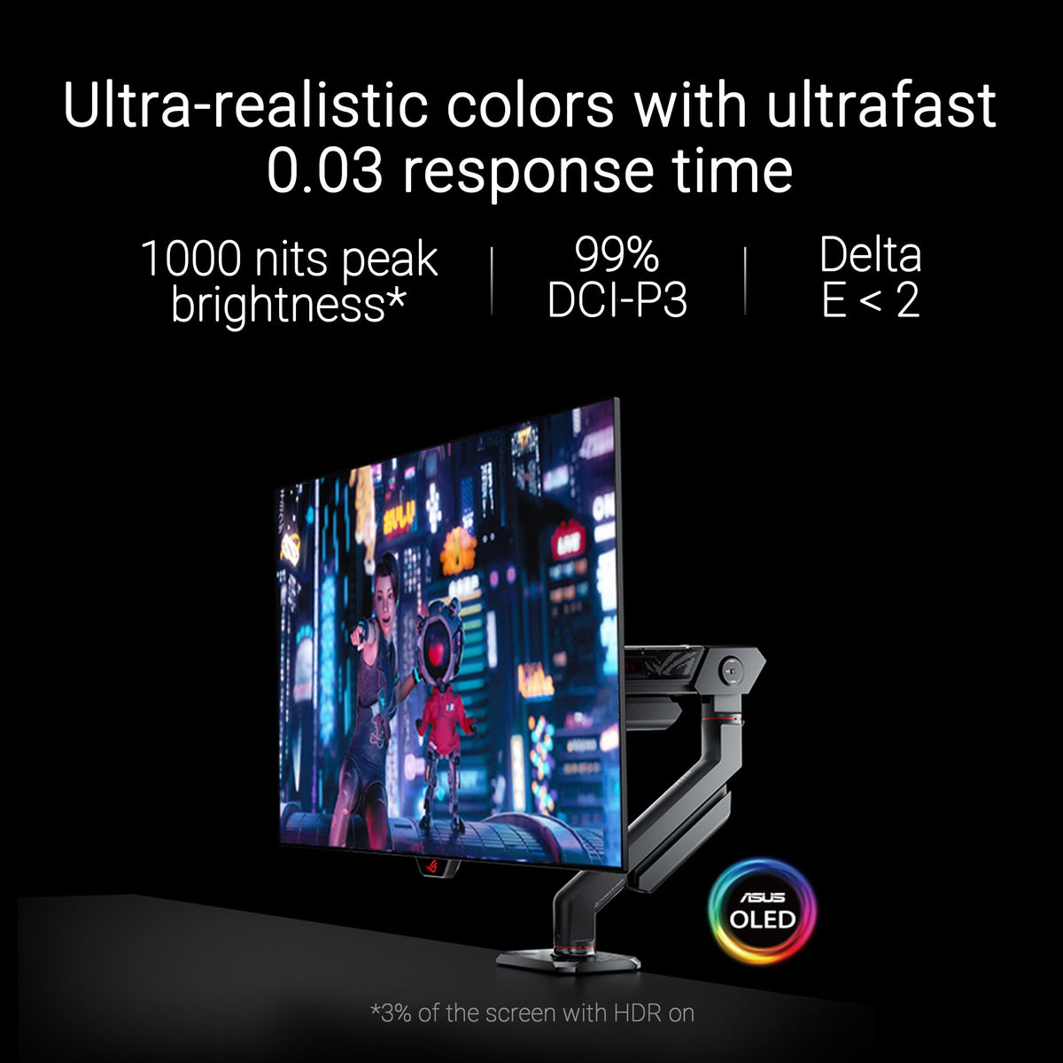 ASUS ROG Swift PG27AQDM-R anti-glare coating reduces reflections for color accuracy.