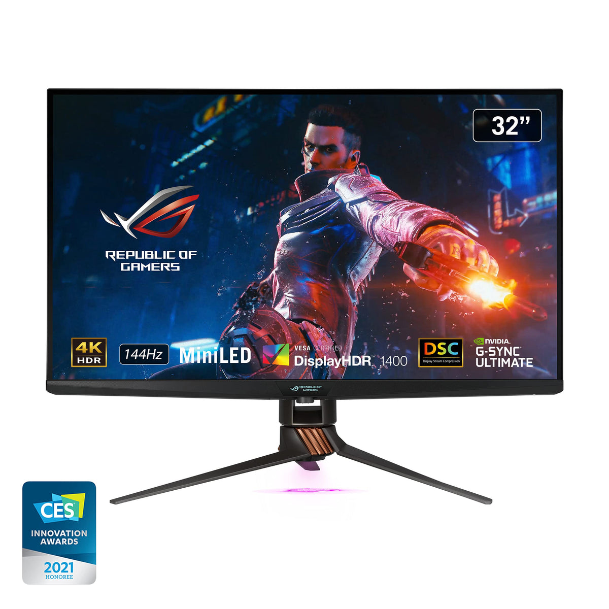 ASUS ROG Swift PG32UQX front view showing 32-inch 4K HDR clarity for gaming