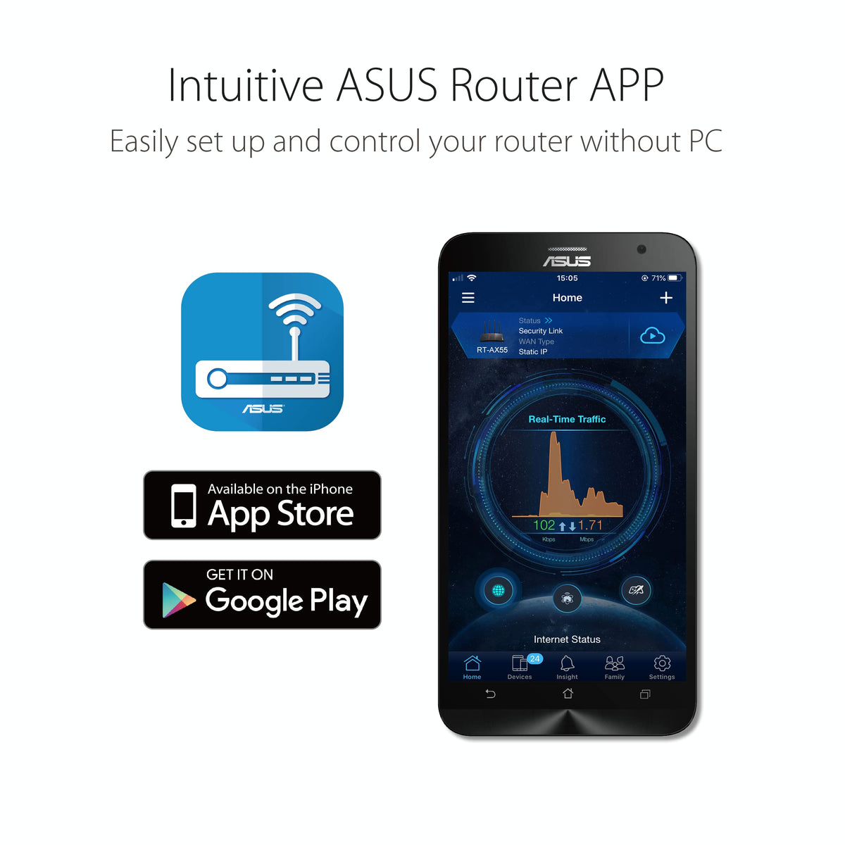 ASUS RT-AX1800S indoor setup demonstrating quick plug-and-play installation