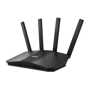 ASUS RT-BE82U router front view shows sleek design with ultra-fast WiFi 7 for smooth streaming.