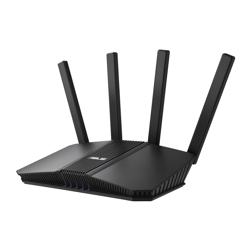 ASUS RT-BE82U router front view shows sleek design with ultra-fast WiFi 7 for smooth streaming.