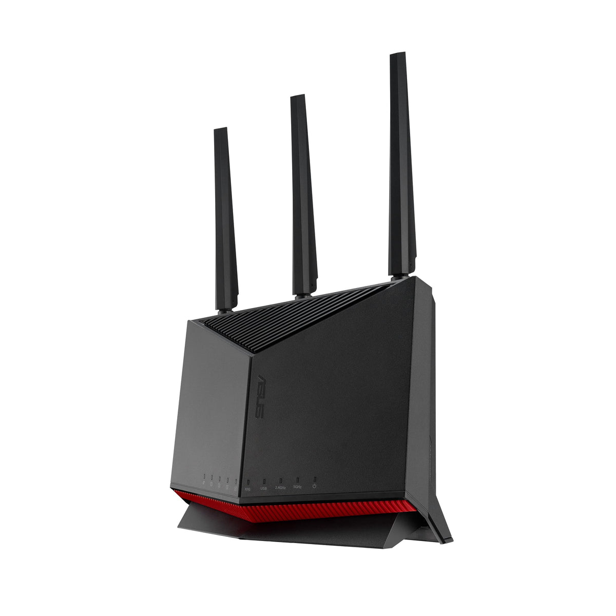 ASUS RT-BE86U router front view highlighting compact vertical design