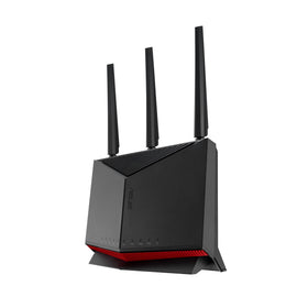ASUS RT-BE86U router front view highlighting compact vertical design