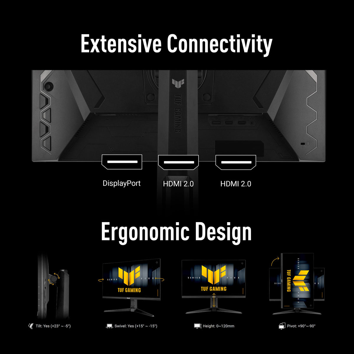 ASUS TUF VG249QML5A stand close-up showing height adjustability for ergonomic setups.