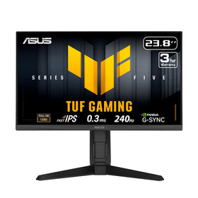 ASUS VG249QML5A warranty card underlines a 3-year protection plan.