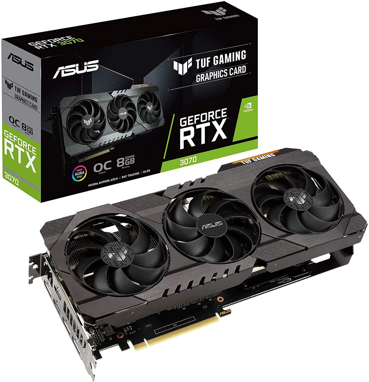 ASUS TUF RTX 3070 OC front view highlighting the cooling shroud and layout