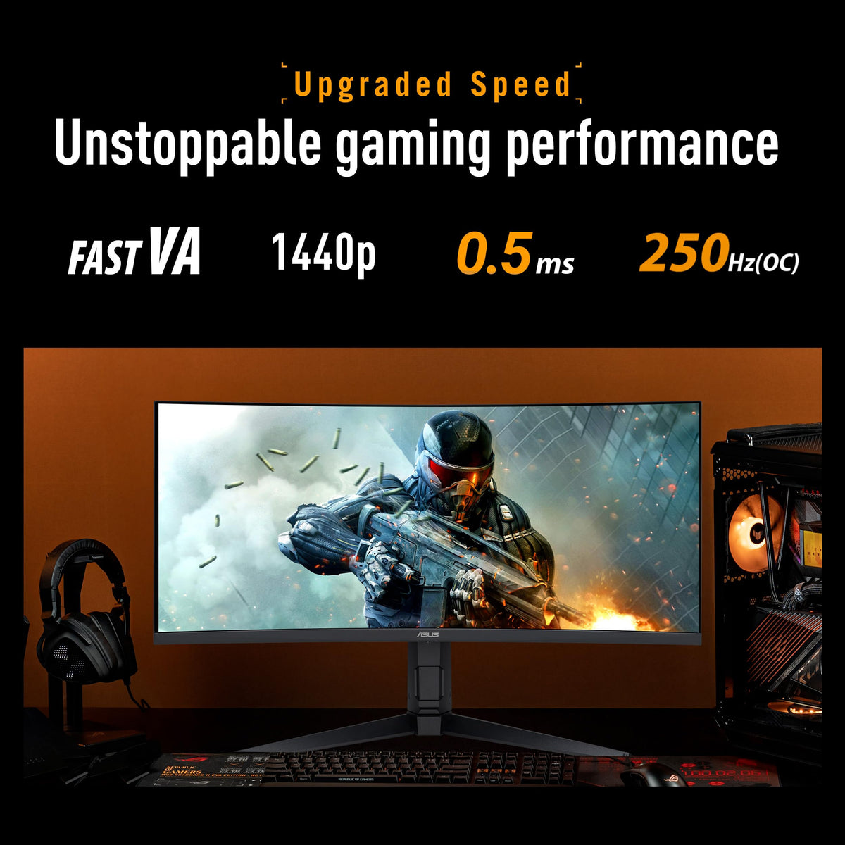 ASUS TUF VG34WQML5A angled view showing immersive curve and depth.
