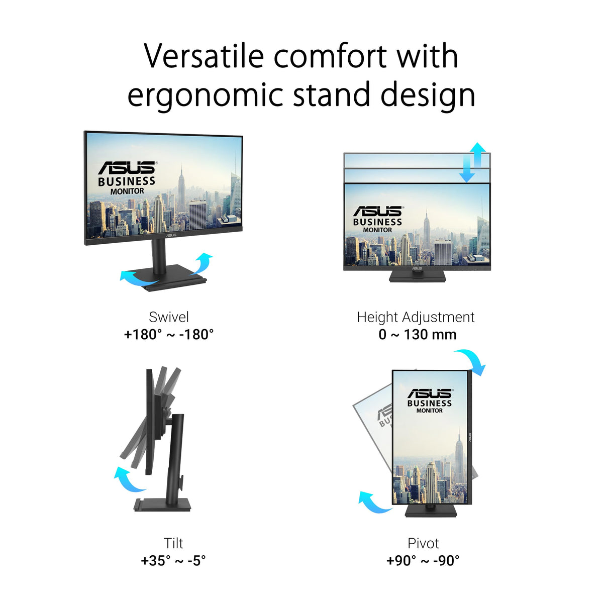 ASUS VA24DQFS ergonomic stand provides tilt, swivel, pivot, and height adjustments.
