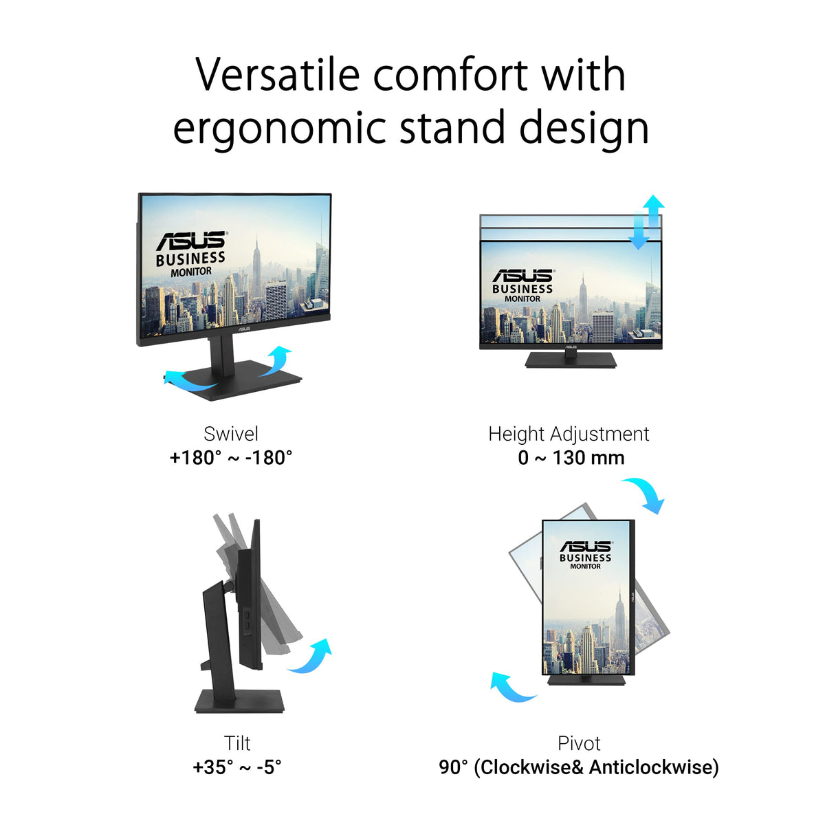 ASUS VA24ECPSN ergonomic stand with adjustable tilt, swivel, and height