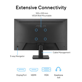 ASUS VA279QG connectivity via HDMI, DisplayPort, and VGA for flexible setups.