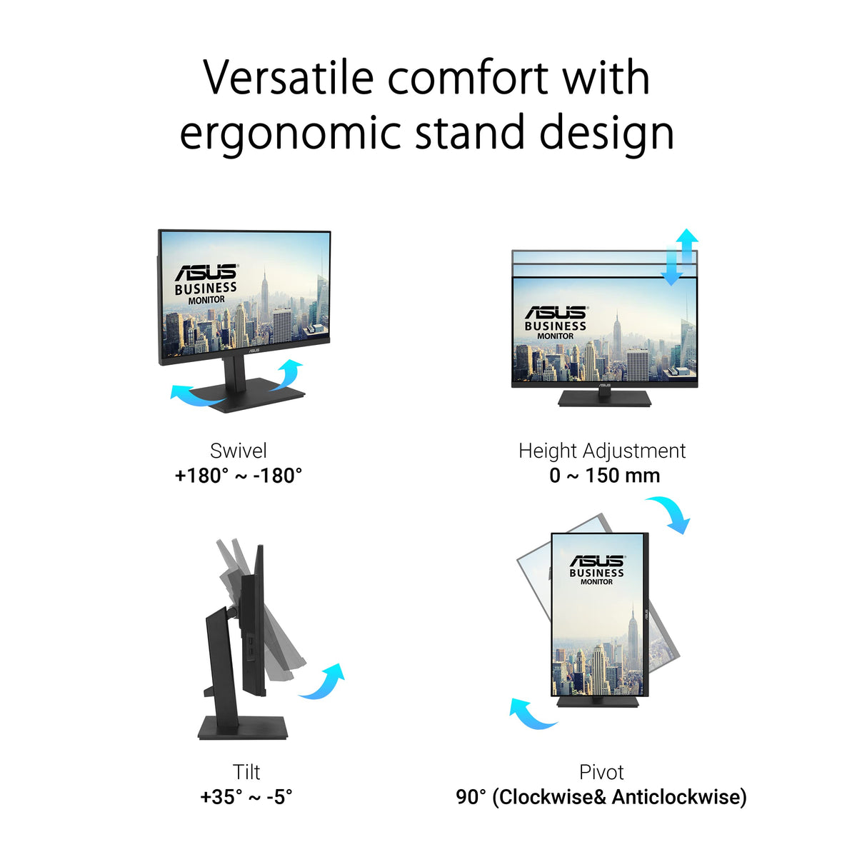 ASUS VA27ECPSN height-adjustable stand supports comfortable viewing positions