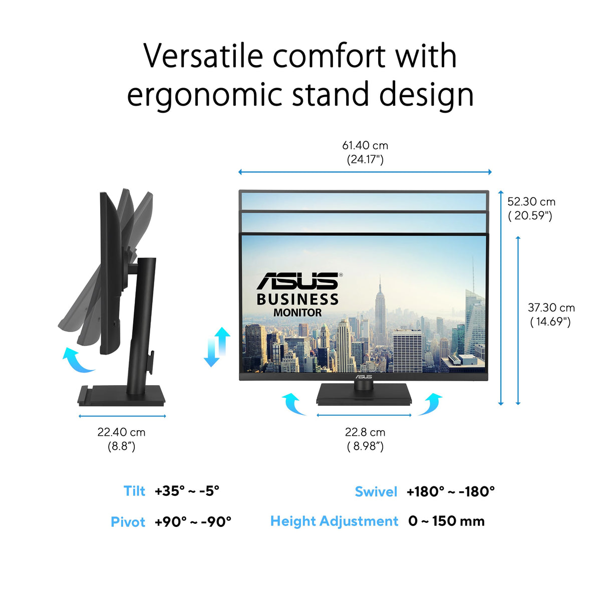 ASUS VA27UCPS ergonomic stand with tilt, swivel, pivot, and height adjustment.