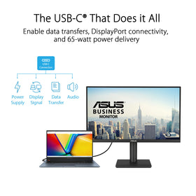ASUS VA27UCPS USB-C PD65W connection enabling single-cable power and data.