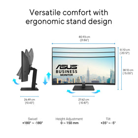 ASUS VA34VCPSR ergonomic-adjustments support comfortable, all-day viewing positions.