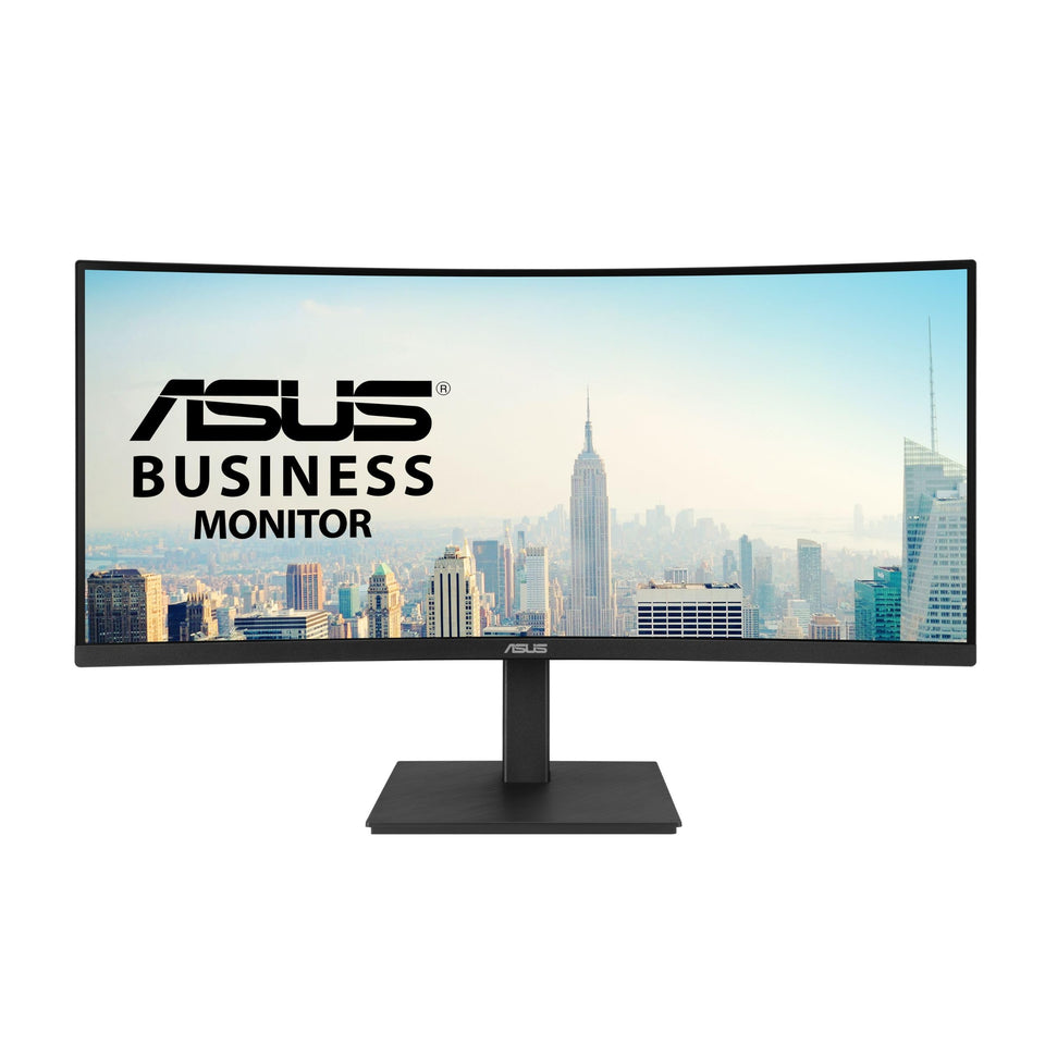 ASUS VA34VCPSR front view showcases a frameless design for a sleek desk setup.