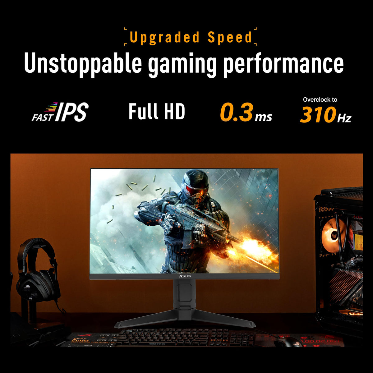 ASUS VG259QMRL5A angled shot highlights slim profile for compact desks.