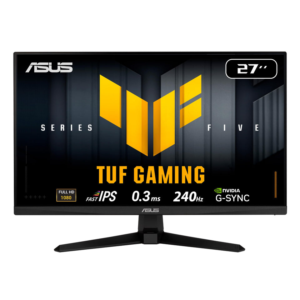 ASUS VG279QM5A front view highlights a 27-inch fast IPS panel for fluid gameplay.