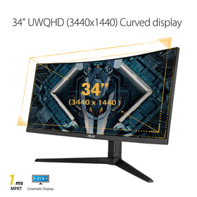 ASUS VG34VQL1B side-angle view showing adjustable height stand.